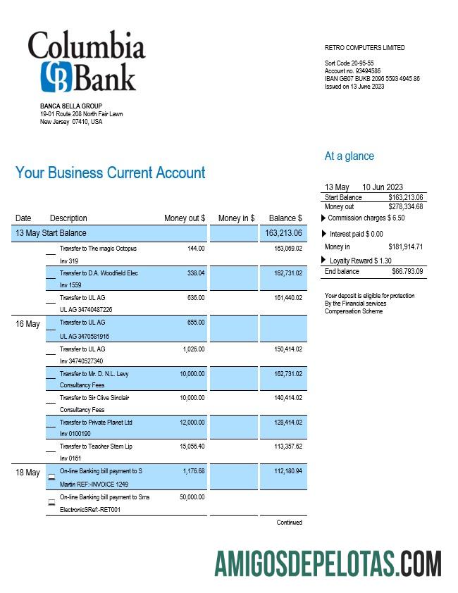 Em branco Columbia Bank Enterprise modelo de extrato de conta Word e PDF